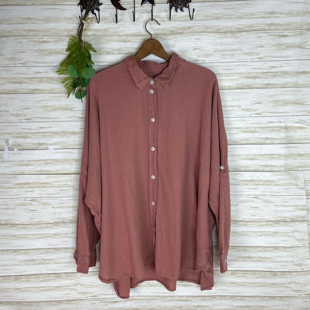 American Eagle Brick Red Salmon Linen Blend Oversized Button Down